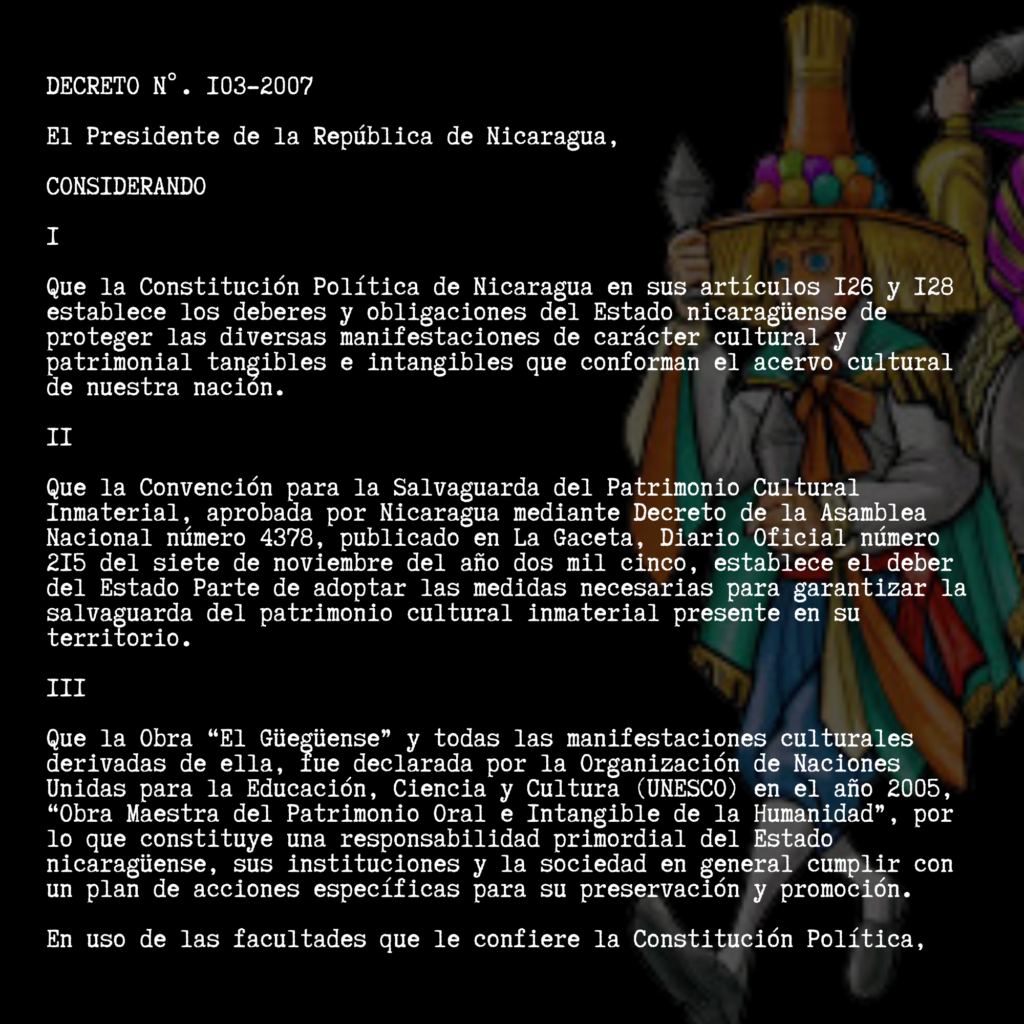 Decreto ejecutivo n°. 103-2007. decreto creador del Consejo Nacional del Poder Ciudadano para la protección y conservación de El Güegüense.